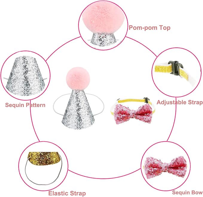 4 Pcs Cat Birthday Hat Bowtie Small Dog Hat Headband Topper Bowtie Adjustable Cute Puppy Birthday Costume Accessories for Small Medium Pets (2/Pink+Light Blue)
