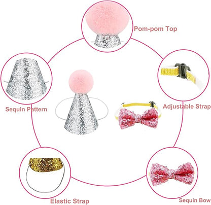 4 Pcs Cat Birthday Hat Bowtie Small Dog Hat Headband Topper Bowtie Adjustable Cute Puppy Birthday Costume Accessories for Small Medium Pets (2/Pink+Light Blue)