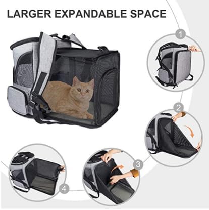Expandable Cat Carrier Backpack, Large Soft Airline Approved Collapsible Pet Bag for Small Dogs Puppies Medium Cats, Breathable Portable Travel Bags for Hiking