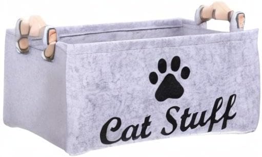 POPETPOP Pet Toy Storage Bin Felt Basket with Wooden Handles 15.35X10.62X7.08 Inch Organizer Container for Dog Cat Accessories Toys and Treats Storage