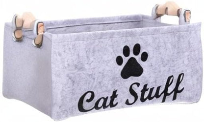 POPETPOP Pet Toy Storage Bin Felt Basket with Wooden Handles 15.35X10.62X7.08 Inch Organizer Container for Dog Cat Accessories Toys and Treats Storage