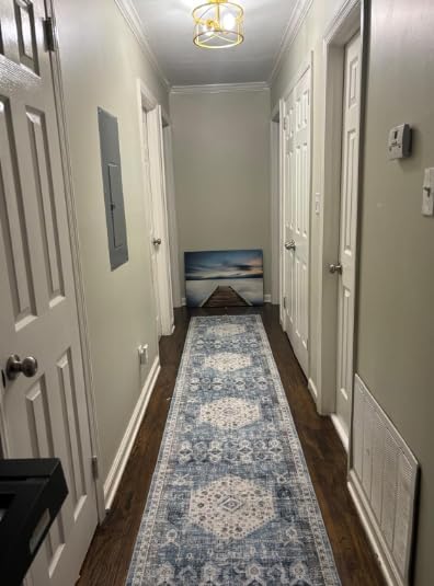 Hallway Washable Runner Rug 2'6x10 - Kitchen Runner Rugs Indoor Non Slip Rugs for Living Room Bedroom Vintage Distressed Mat Stain Resistant Floor Decoration Carpet for Bathroom (2'6''x10', Aqua Blue)