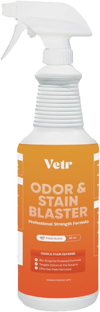vetr Pet Odor & Stain Blaster - Enzyme Pet Stain & Odor Removal Spray - 32 oz Bottle for Carpet, Upholstery & Floors - Rid of Dog & Cat Urine, Vomit & Messes