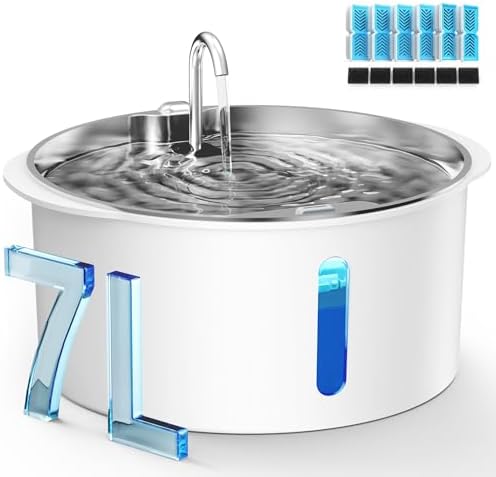 Pektaco Dog Water Fountain for Large Dogs, 1.8Gal/7L Pet Water Fountain, Dog Water Bowl Dispenser with Viewing Window & LED, Super Quiet, Stainless Steel Tray Easy Clean BPA-Free(with 6 Filters)