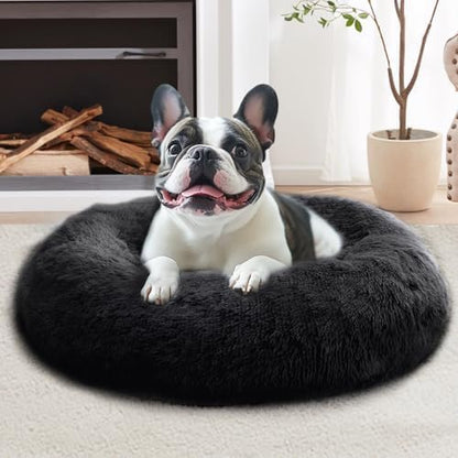 JOLLYVOGUE Calming Dog Beds Large Sized Dog, 36in Donut Washable Large Pet Bed, Anti-Slip & Anti-Anxiety Fluffy Faux Fur Round Dogs Bed, Fits up to 80 lbs Pets (Black)