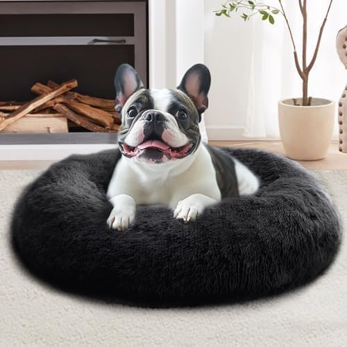 JOLLYVOGUE Calming Dog Beds Large Sized Dog, 36in Donut Washable Large Pet Bed, Anti-Slip & Anti-Anxiety Fluffy Faux Fur Round Dogs Bed, Fits up to 80 lbs Pets (Black)