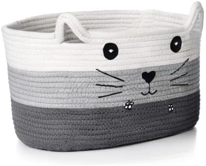 Zopeal Cat Basket Storage Woven Organizer with Ears Easter Decorative Pet Toy Cute Cotton Rope Basket for Gift Cat Dog Toy Bin Nursery Room(13.7 x 7.8 Inch,White, Light Gray, Dark Gray)
