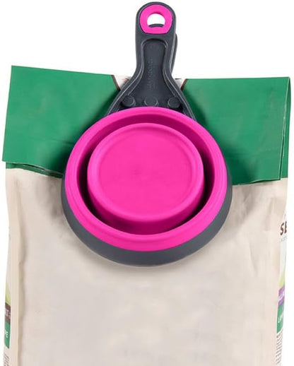 Dexas Pets Collapsible KlipScoop Collapsible Dry Dog Food Scoop and Dog Food Bag Clip, 2 Cup Capacity, Fuchsia