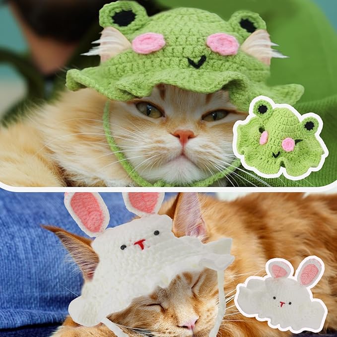 5 Pack Cute Knitted Cat Hats Dog Hats – Frog Strawberry Pink Flower Tiger Rabbit Funny Hat for Cats Dogs Small Pet Birthday Costume Accessories