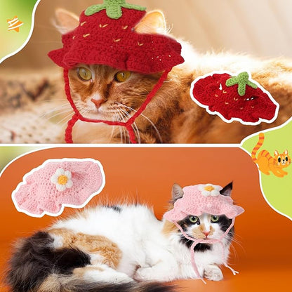 5 Pack Cute Knitted Cat Hats Dog Hats – Frog Strawberry Pink Flower Tiger Rabbit Funny Hat for Cats Dogs Small Pet Birthday Costume Accessories