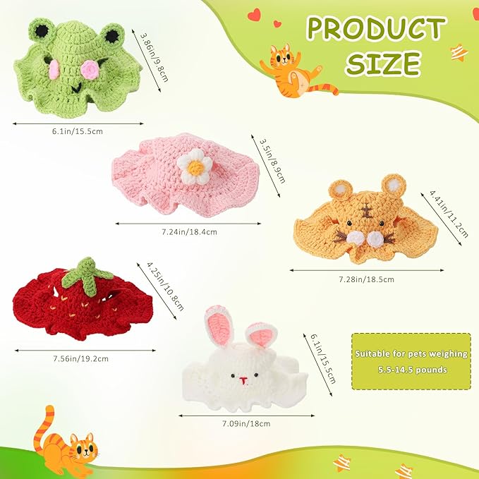 5 Pack Cute Knitted Cat Hats Dog Hats – Frog Strawberry Pink Flower Tiger Rabbit Funny Hat for Cats Dogs Small Pet Birthday Costume Accessories