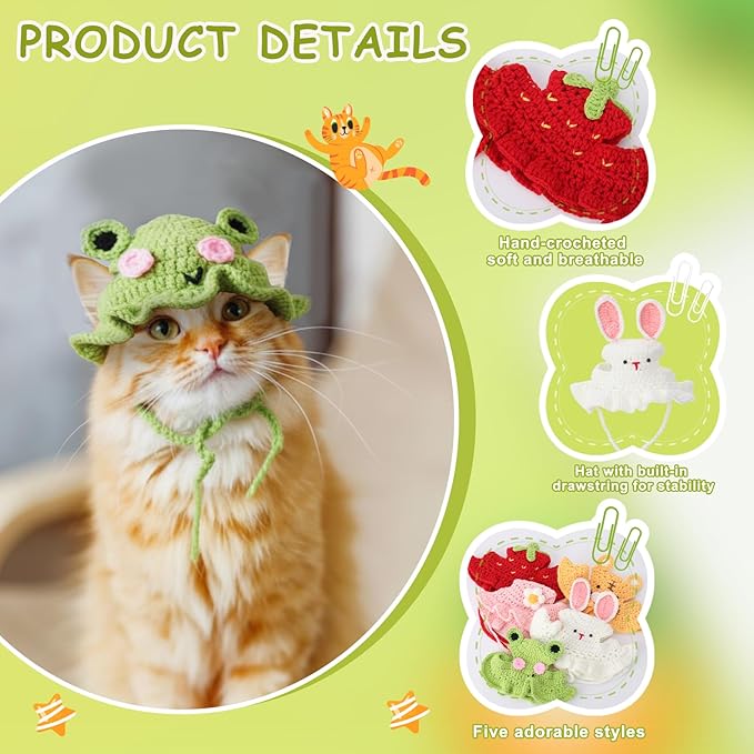 5 Pack Cute Knitted Cat Hats Dog Hats – Frog Strawberry Pink Flower Tiger Rabbit Funny Hat for Cats Dogs Small Pet Birthday Costume Accessories