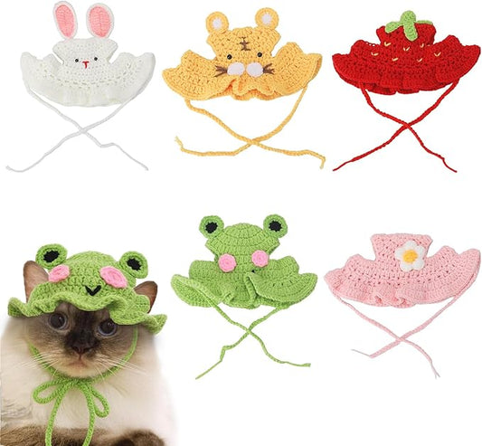 5 Pack Cute Knitted Cat Hats Dog Hats – Frog Strawberry Pink Flower Tiger Rabbit Funny Hat for Cats Dogs Small Pet Birthday Costume Accessories