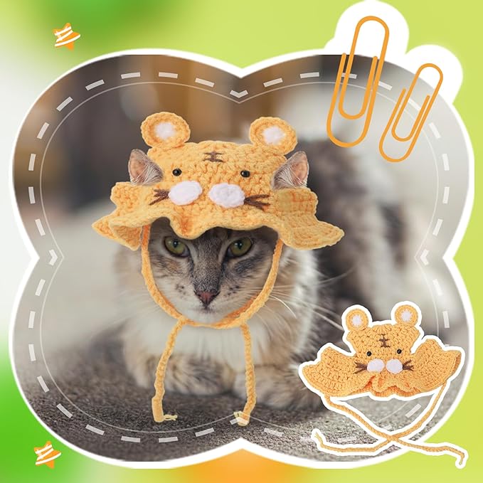 5 Pack Cute Knitted Cat Hats Dog Hats – Frog Strawberry Pink Flower Tiger Rabbit Funny Hat for Cats Dogs Small Pet Birthday Costume Accessories
