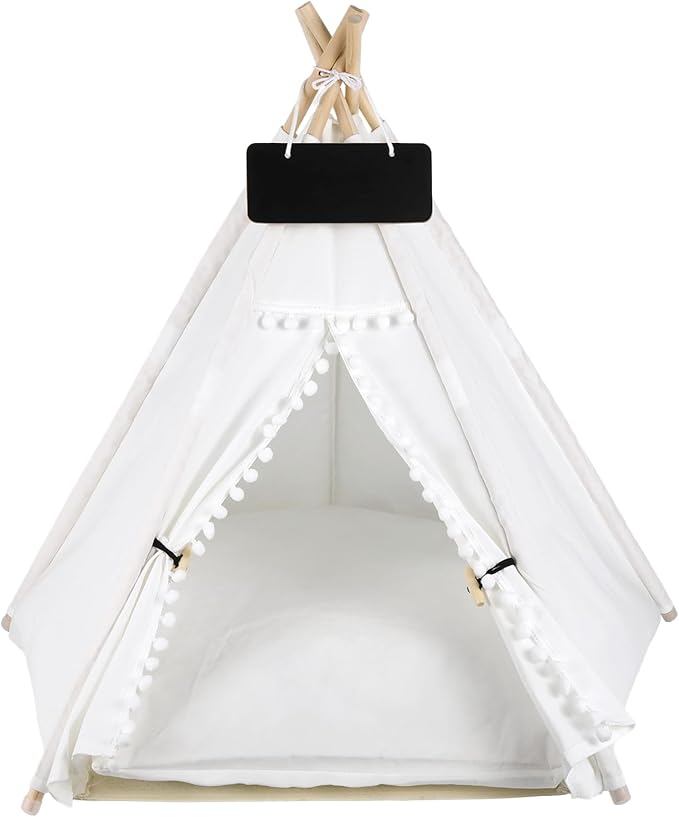 Pet Teepee for Cats Dogs - 20 x20 x 24in Cat Teepee with Thick Cushion for Cats Dogs Rabbits, Washable Dog Tent with Blackboard, Indoor Pet House for Puppies, White