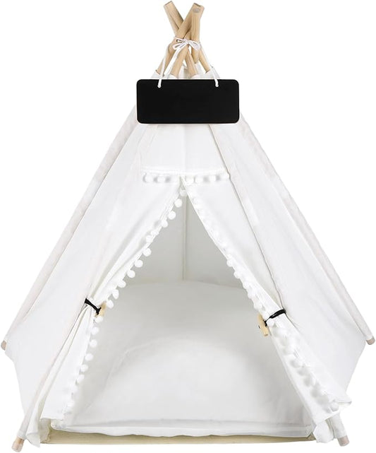 Pet Teepee for Cats Dogs - 20 x20 x 24in Cat Teepee with Thick Cushion for Cats Dogs Rabbits, Washable Dog Tent with Blackboard, Indoor Pet House for Puppies, White