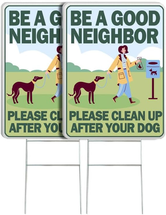 DorDor & GorGor 2-Pack Clean Up After Your Dog Yard Sign | No Pooping Yard Signs | with H Stakes, White Board, Rectangular 9 x 12 inch, 4mm Corrugated Plastic | Double Side Print