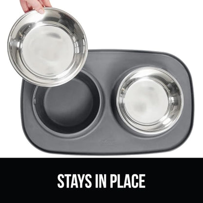GORILLA GRIP Feeding Mat Bowl Set, 100% Waterproof BPA Free Silicone Base, 304 Stainless Steel Cat and Dog Bowls for Food and Water, Slip Resistant, High Edge, US Designed, Patent Pending, 2 Cup Gray