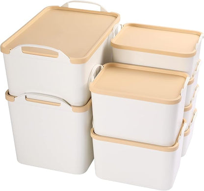 ANMINY 8PCS All-in-One Lidded Plastic Storage Bins Set White Desk Basket Box Drawer Organizer Kitchen Food Container with Handles Removable Lids Decorative Clothes Laundry Closet Cabinet Shelf Cube