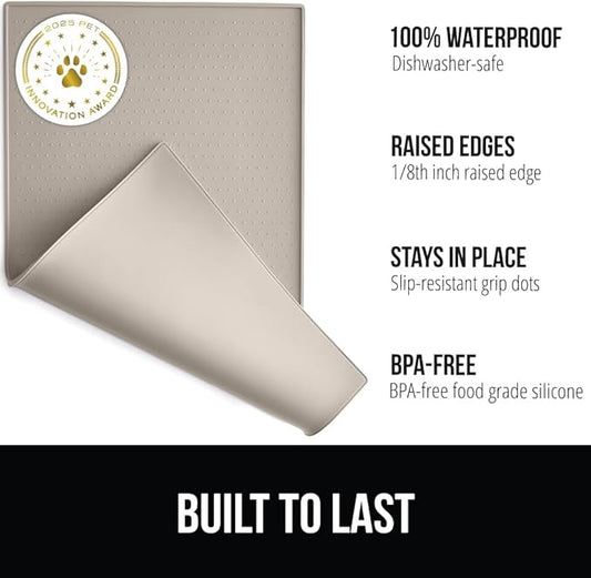 GORILLA GRIP 100% Waterproof Raised Edge BPA Free Silicone Pet Feeding Mat, Dog Cat Food Mats Contain Spills Protects Floors, Placemats for Cats and Dogs Water Bowl, Pets Accessories 23x15 Beige