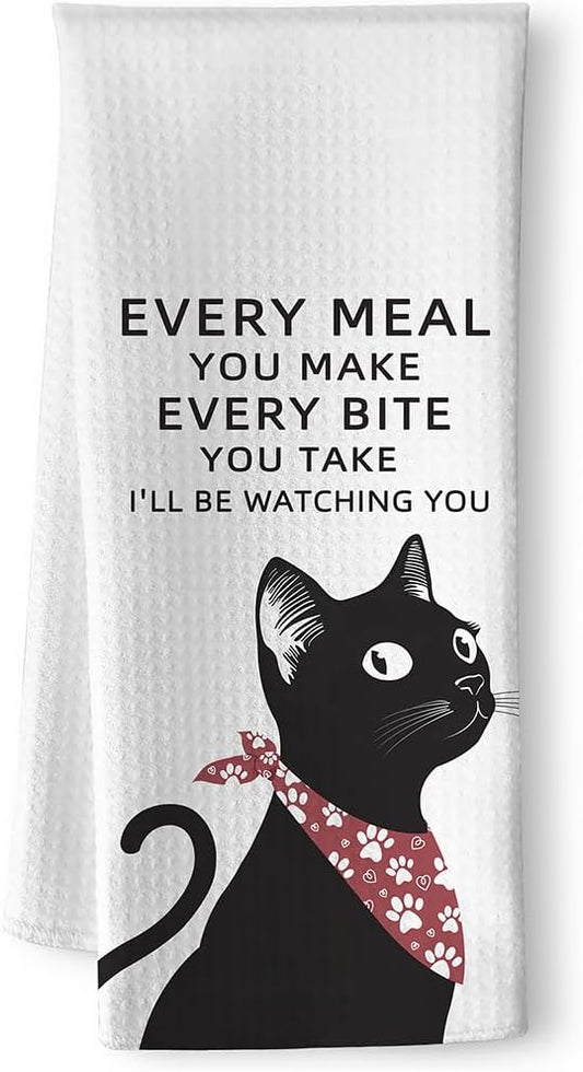 Cat Kitchen Towels - Quick-Dry 'Culinary Watchdog' Cat Hand Towels Observant Black Feline Art, Decorative Dish Towel for Amused Pet Moms | Whimsical Home Accent & Humorous Dining Companion Gift