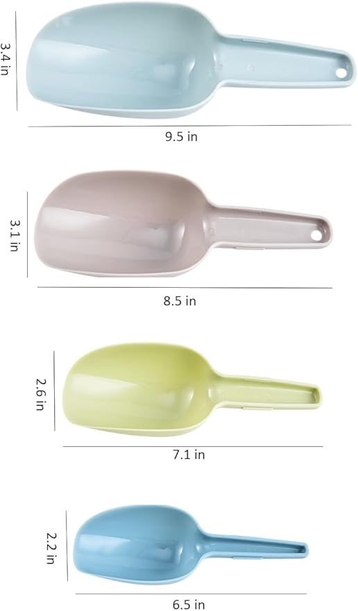 Set of 4 Plastic Ice Scoops, Kitchen Multipurpose Food Scoops for Canisters, Freezer, Flour, Dry Foods, Coffee Beans, Pop Corn, Pet Food (Mix 4 (Set of 4), 150ml, BPA-Free, Dishwasher Safe)