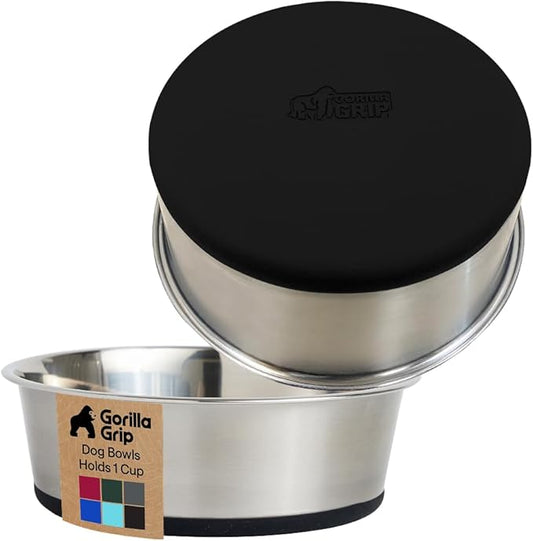GORILLA GRIP Dog Bowls, Heavy Duty 304 Stainless Steel, Holds 1 Cup Each (8 fl oz) Food and Water Bowl for Feeding Dogs and Cats, Dishwasher Safe, Rust Resistant, BPA Free Rubber Base Set of 2 Black