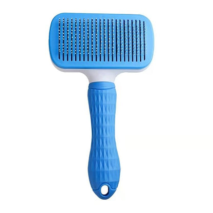 Pet hair grooming square brush with Massage Particles, Self Cleaning Dematting Comb Dogs and Cats, Easy to Use, Ergonomic Handle Design (Blue)