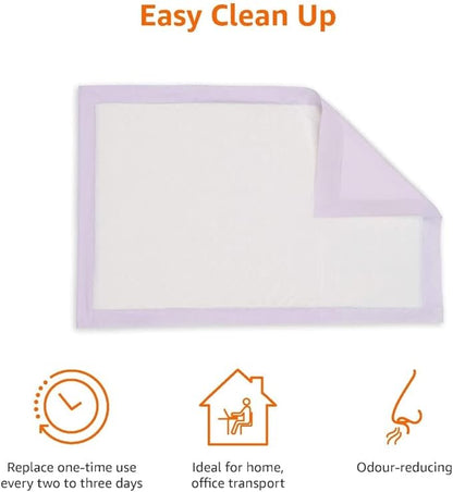 Amazon Basics Cat Pee Pads, Super Absorbent, Odor Control with Fresh Scent, Universal Fit for Litter Box, Multi Cat, Disposable, White/Purple, 100 Count