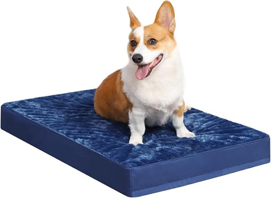 KSIIA Orthopedic Dog Crate Bed Waterproof Dog beds for Medium Dogs Deluxe Plush Washable Pet Mat with Egg Crate Foam & Removable Cover, 29 x 18 Inch, Blue