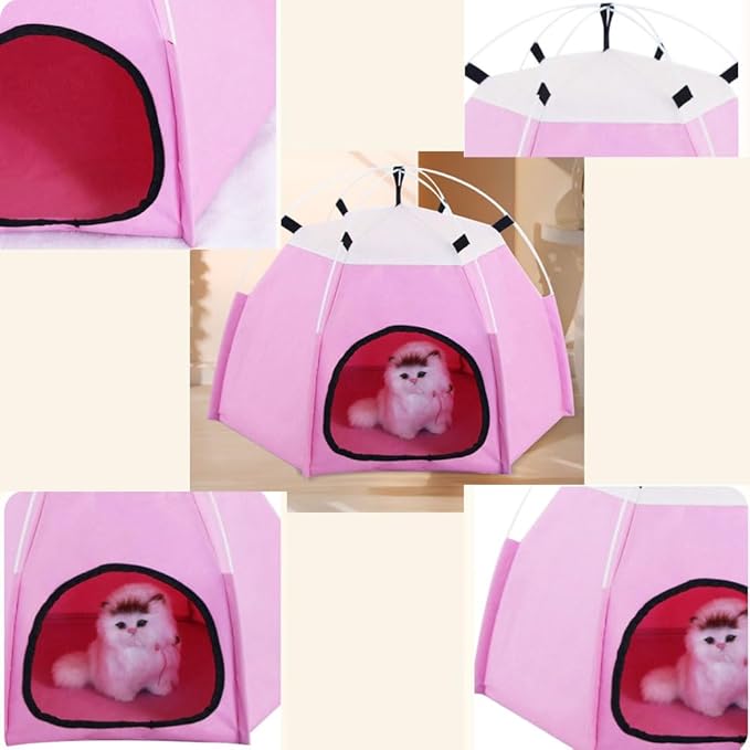 Cute Cat Teepee Cave, Cat Tent Foldable Indoor Outdoor with Thick Mat,Puppy Bed Tent,Bunny Pet Tent Teepee,Portable Dog House Teepee Tent, Cat Bed,Dog Bed Tent,Puppy Bunny,Pet Tent Teepee (G, L)