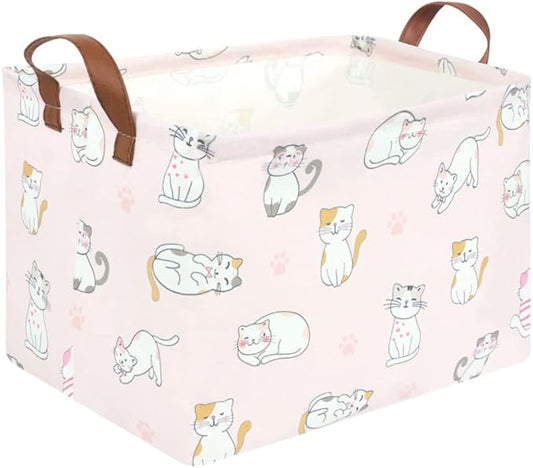 FXOLCSHE Rectangular Pink Cat Baskets,Cute Kids Toy Storage Basket Bin,Pink Gift Organizer,Toys Box,Toy Organizer,Baby Nursery,Empty Rectangular Cat Room Decor(Pink Cats)