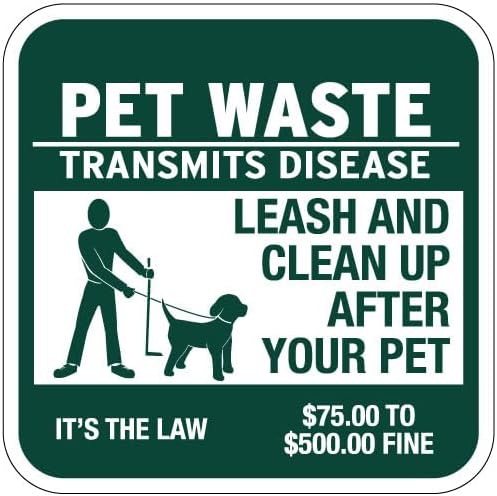 "Pet Waste Transmits Disease - Clean Up After Your Pet" Sign - 12" w x 12" h Square - Rustproof Aluminum- Metal Outdoor Dog Waste Station Sign for Outdoor Parks, HOAs, Homes ($75 to $500 Fine)