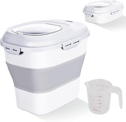 Cereal Rice Food Storage Containers, Collapsible 20 to 50 Lbs Dispenser Bin with Rolling Wheel Airtight Locking Lid, Dog Pet Cat Flour Sugar Plastic Leakproof Sealable Large Kitchen Pantry Holder