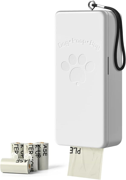Dog Poop Bag Dispenser Wall Mount with Magnetic Lid, Quick Pull & Easy Access, White Dog Poop Bag Holder for Outdoor Yard, Includes 4 Rolls (60 Bags)