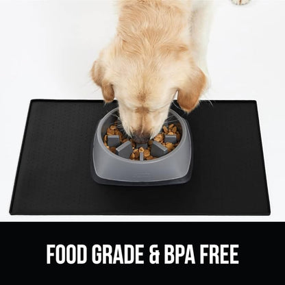 GORILLA GRIP 100% Waterproof Raised Edge BPA Free Silicone Pet Feeding Mat, Dog Cat Food Mats Contain Spills Protects Floors, Placemats for Cats and Dogs Water Bowl, Pets Accessories 32x24 Black