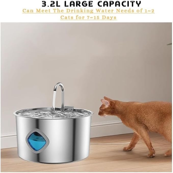 Dog Water Bowl, Stainless Steel Pet Drinking Fountain with Quadruple Filtration, 3.2L Large Capacity Automatic Water Dispenser, Ultra Quiet for Cats