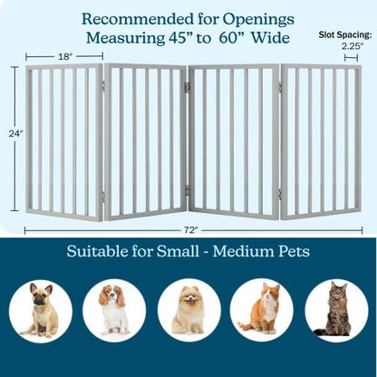 Pet Gate - 4-Panel Indoor Foldable Dog Fence for Stairs, Hallways, or Doorways - 72x24-Inch Retractable Wood Freestanding Dog Gates by PETMAKER (Gray)