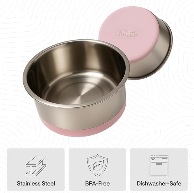 GORILLA GRIP Dog Bowls, Heavy Duty 304 Stainless Steel, Holds 1 Cup Each (8 fl oz) Food and Water Bowl for Feeding Dogs and Cats, Dishwasher Safe, Rust Resistant, BPA Free Rubber Base Set of 2 Pink