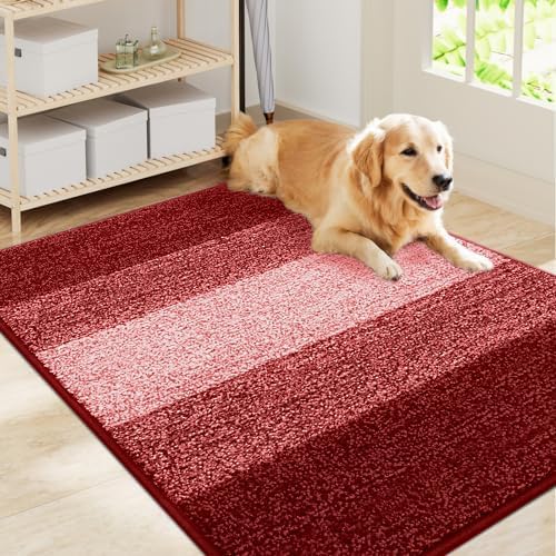 Smiry Dog Door Mat for Muddy Paws, Absorbs Moisture and Dirt, Low-Profile Entryway Mat with Non-Slip Backing, Entry Indoor Outdoor Doormat for Inside Floor (40x32 Inches, Burgundy, Striped)