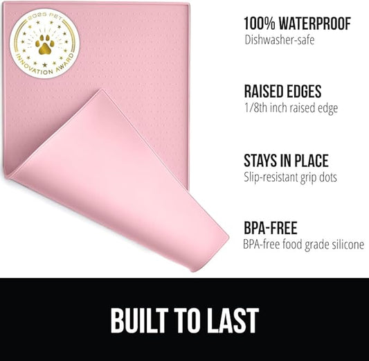 GORILLA GRIP 100% Waterproof Raised Edge BPA Free Silicone Pet Feeding Mat, Dog Cat Food Mats Contain Spills Protects Floors, Placemats for Cats and Dogs Water Bowl, Pets Accessories 32x24 Pink