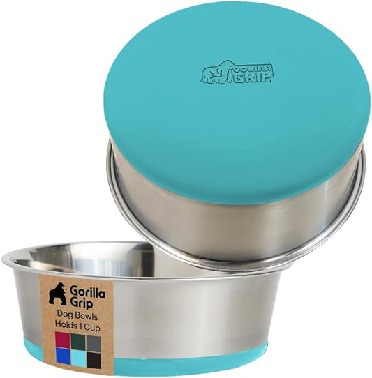GORILLA GRIP Dog Bowls, Heavy Duty 304 Stainless Steel, Holds 1 Cup Each (8 fl oz) Food and Water Bowl for Feeding Dogs and Cats, Dishwasher Safe Rust Resistant BPA Free Rubber Base Set of 2 Turquoise