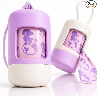 Dog Poop Bag Holder [2-Pack] | With 30 Extra-thick Dog Bags for Poop | Waste Bag Dispenser with Premium Soft-Touch Coating | Enlarged Dispense Opening, Stylish Color-Block Design (Lavender Cloud)