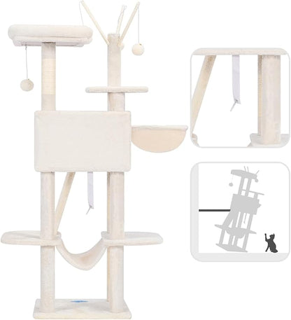 Hey-brother Cat Tree, 53 inch Cat Tower for Indoor Cats, Cat House with Padded Platform Bed, Toy Balls, Large Cozy Condo, Hammocks and Sisal Scratching Posts, Beige MPJ019-SM