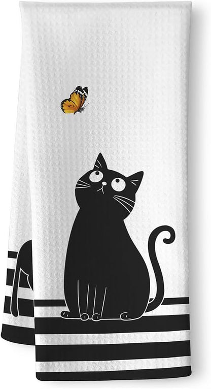 Cat Kitchen Towels - Quick-Dry Black Feline Gathering Art with Butterfly Watcher, Decorative Hand Towel for Humorous Pet Moms | Kitchen Dish & Bathroom Towels Decorative, Crazy Cat Lady Gifts