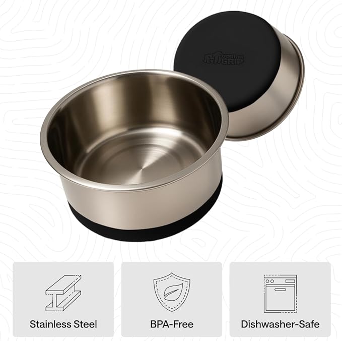GORILLA GRIP Dog Bowls, Heavy Duty 304 Stainless Steel, Holds 1 Cup Each (8 fl oz) Food and Water Bowl for Feeding Dogs and Cats, Dishwasher Safe, Rust Resistant, BPA Free Rubber Base Set of 2 Black