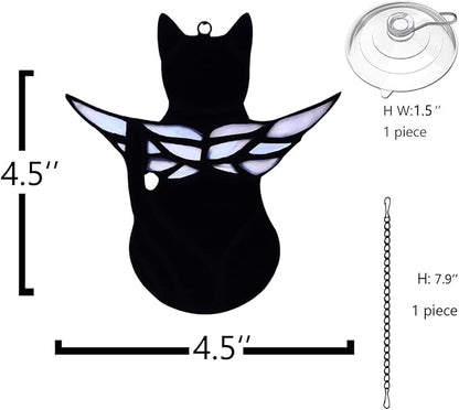 BOXCASA Handmade Black Cat Memorial Gifts - Stained Glass Pet Sympathy Gift with Angel Wings, Window Hanging Memorial Decor for Cat Lovers (Loss of Pet, Rainbow Bridge)