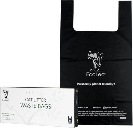 Cat Litter Waste Poop Bags - X-Large, Thick, Pet/Dog Poo Bags with Easy-Tie Handles,10.5 x 18.5 inch, Black, EcoLeo