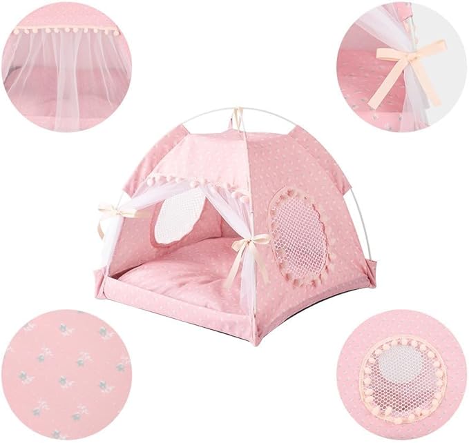 Selena Cat Bed Tents Dog House Indoor Outdoor Lace Mesh Breathable Windows Door Curtains Removable Portable Nest Teepe House (Medium,Pink(Flower))