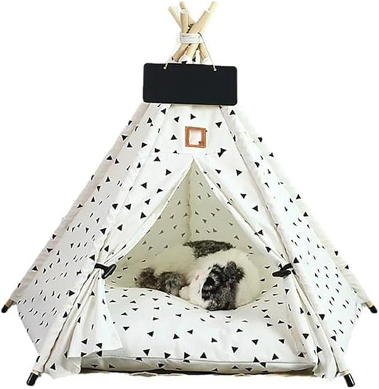 Stylish Pet Teepee Tent with Removable Cushion, Foldable Cat & Dog Tent House with Solid Wood Frame for Indoor Use (Multiple Patterns & Sizes)(D,S)